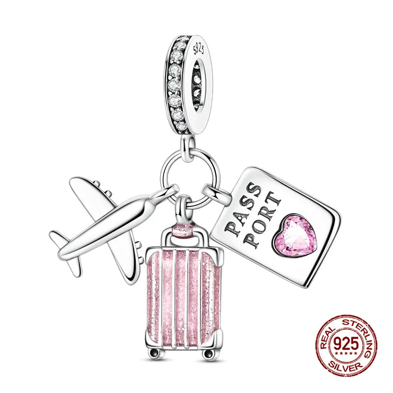 Original Charms 925 Silver Three-In-One Airplane Travel Luggage Charms Bead Fit 3mm Original Bracelet Womens DIY Jewelry Gifts