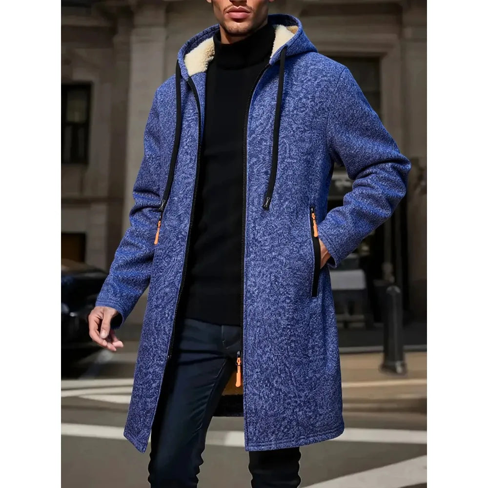 Men's Winter Warm Long Coat Zipper Jacket Zip Windbreaker Thick Fleece Windproof Overcoat Casual Contrast Color Hooded Jacket