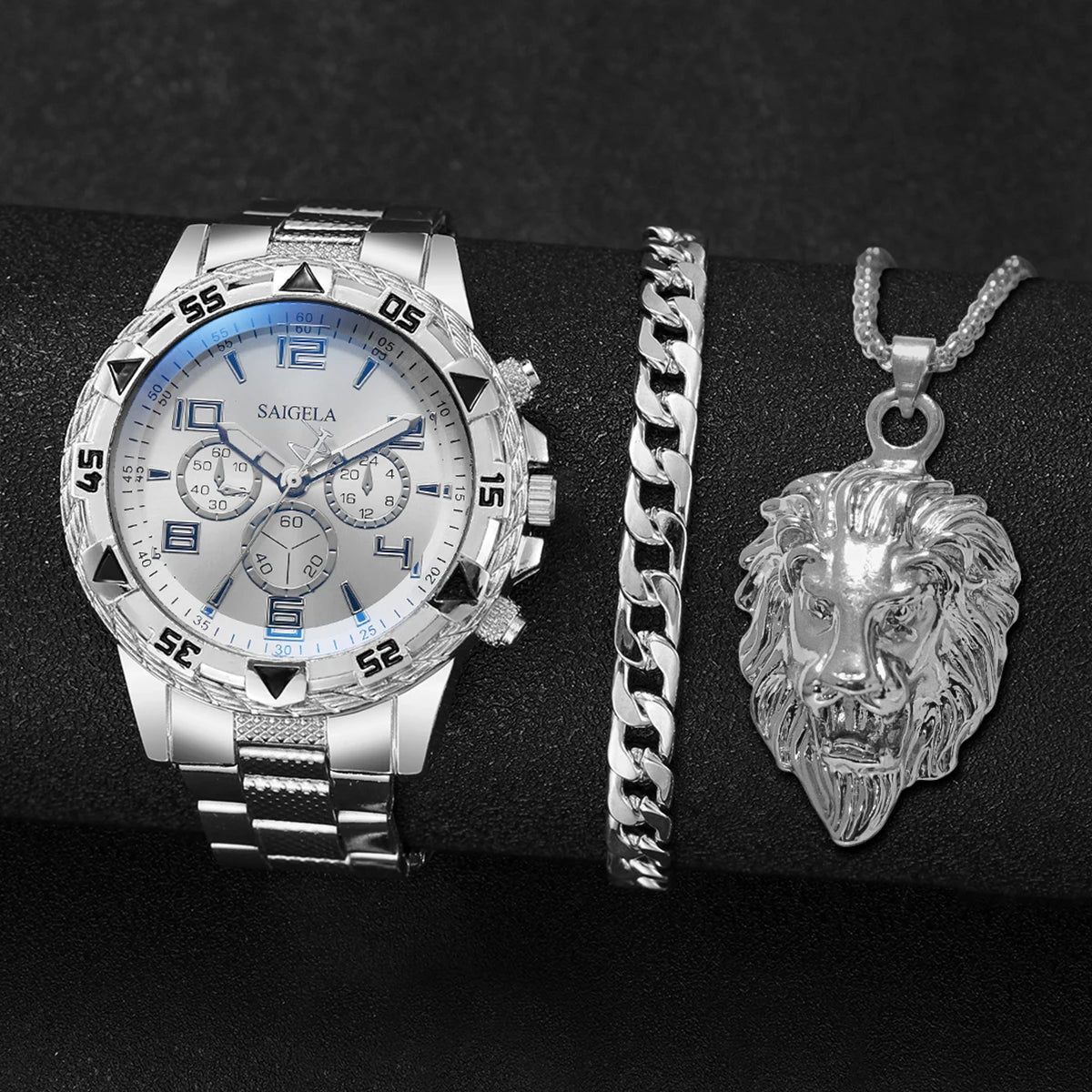 3PCS/Set Fashion Steel Band Men's Watches Arabic Dial Man Business Watches Jewelry Set Relogio Masculino(Box Not Included )