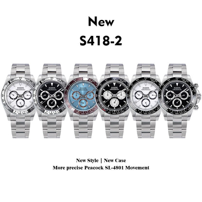 Sugess Diving Mens Watch Panda Automatic Mechanical Chronograph Peacock SL4801 Movement Wristwatch Waterproof Ceramic Bezel New