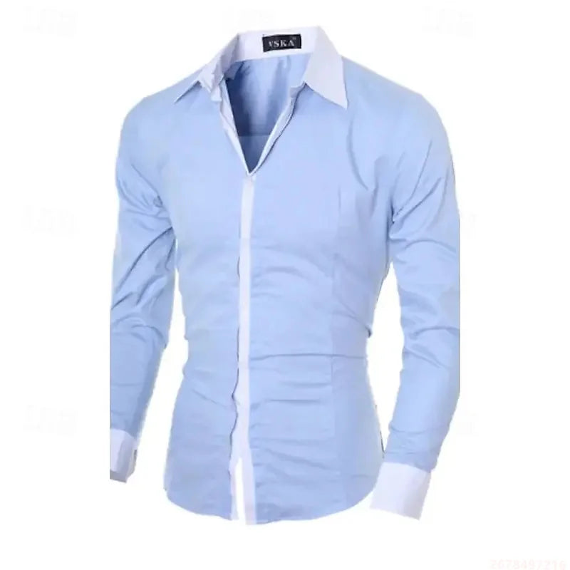 New men's black and white color-blocked spliced   shirt, outdoor street style, business casual long-sleeved lapel top for men.