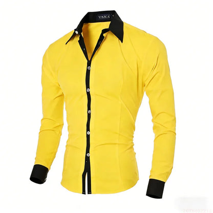 New men's black and white color-blocked spliced   shirt, outdoor street style, business casual long-sleeved lapel top for men.