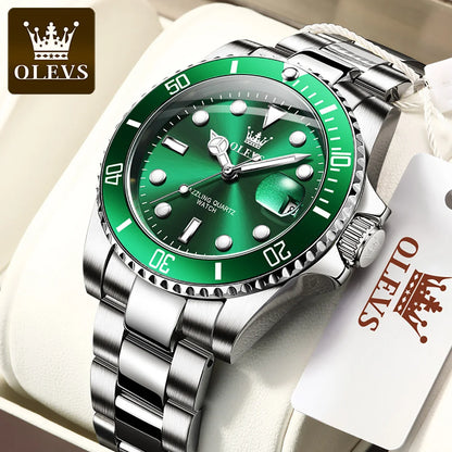 OLEVS 5885 Men's Watches Business Stainless Steel Strap Green Quartz Watch Waterproof Calendar Luminous High Quality Wristwatch