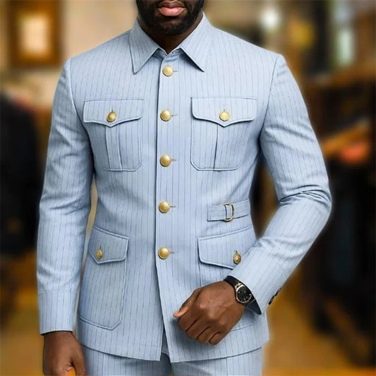Stripe Safari Men's Suits with Stand Collar Single Breasted Slim Fit Male Fashion Daily Suit 2 Pieces Set Jacket Pants Outfits