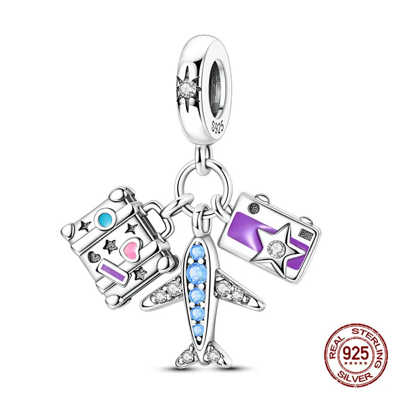 Original Charms 925 Silver Three-In-One Airplane Travel Luggage Charms Bead Fit 3mm Original Bracelet Womens DIY Jewelry Gifts