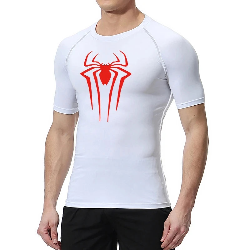 Spider Print Compression Shirts for Men Summer Short Sleeve Rash Guard Gym Workout Tshirt Athletic Quick Dry Undershirts Tops