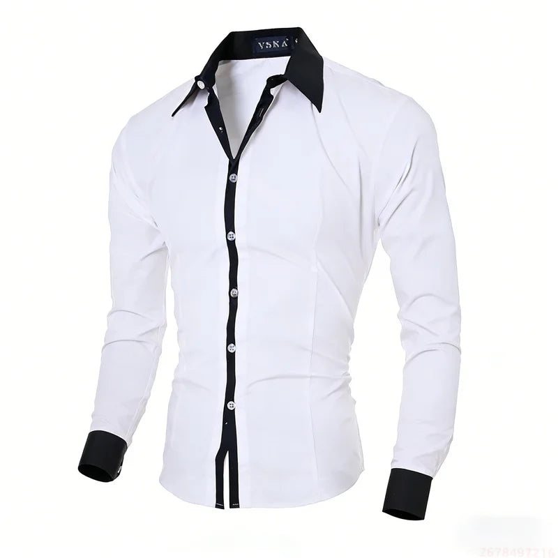 New men's black and white color-blocked spliced   shirt, outdoor street style, business casual long-sleeved lapel top for men.