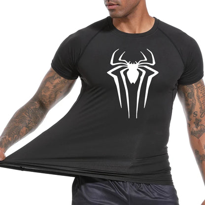 Spider Print Compression Shirts for Men Summer Short Sleeve Rash Guard Gym Workout Tshirt Athletic Quick Dry Undershirts Tops