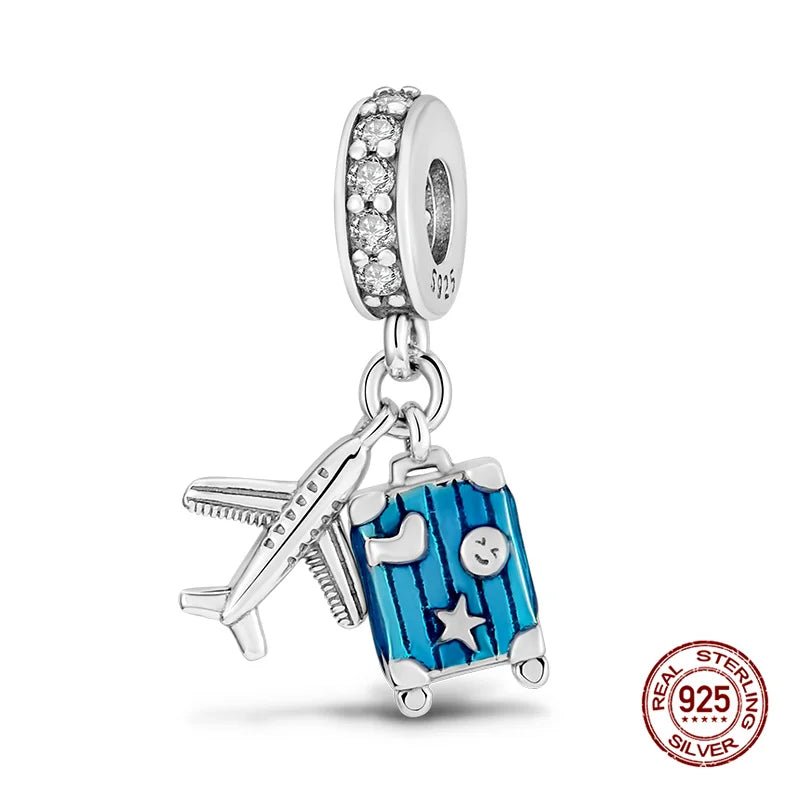 Original Charms 925 Silver Three-In-One Airplane Travel Luggage Charms Bead Fit 3mm Original Bracelet Womens DIY Jewelry Gifts