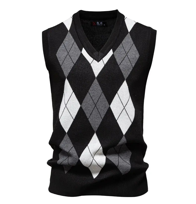 Men's Knit Vest Fashion Sweater Vest Argyle Pattern Waistcoat Fleece Lined Warm Vests