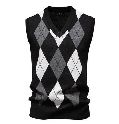 Men's Knit Vest Fashion Sweater Vest Argyle Pattern Waistcoat Fleece Lined Warm Vests
