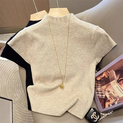 2026 Basic Turtleneck Solid Thin Summer Pullover Women Female Knitted Sweater Slim Short Sleeve Bodycon Sweater
