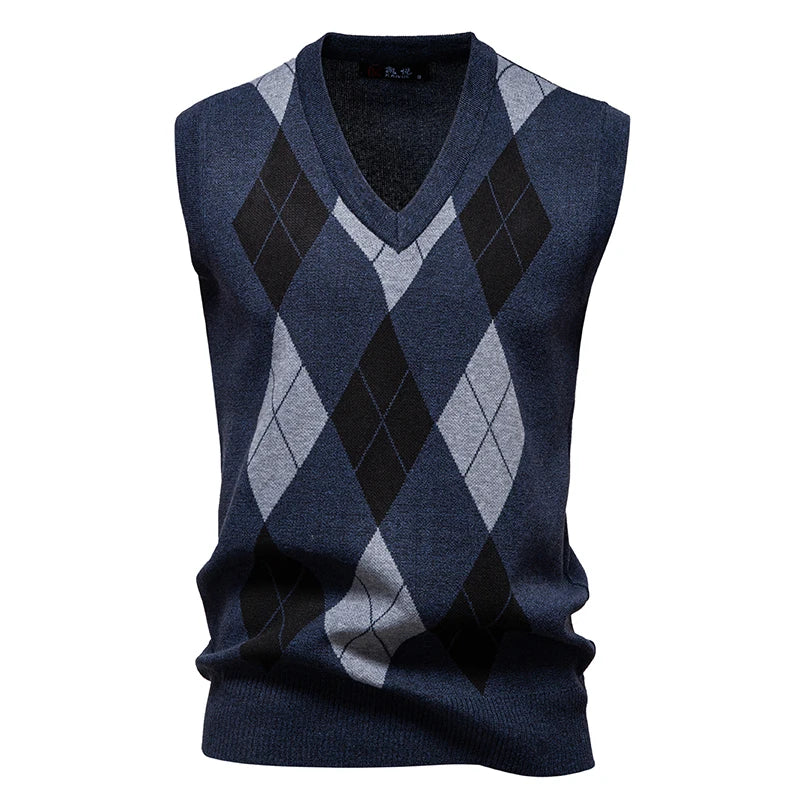 Men's Knit Vest Fashion Sweater Vest Argyle Pattern Waistcoat Fleece Lined Warm Vests