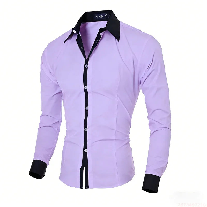 New men's black and white color-blocked spliced   shirt, outdoor street style, business casual long-sleeved lapel top for men.