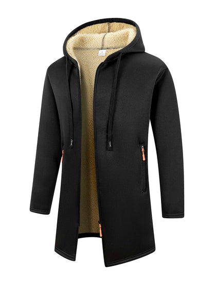 Men's Winter Warm Long Coat Zipper Jacket Zip Windbreaker Thick Fleece Windproof Overcoat Casual Contrast Color Hooded Jacket