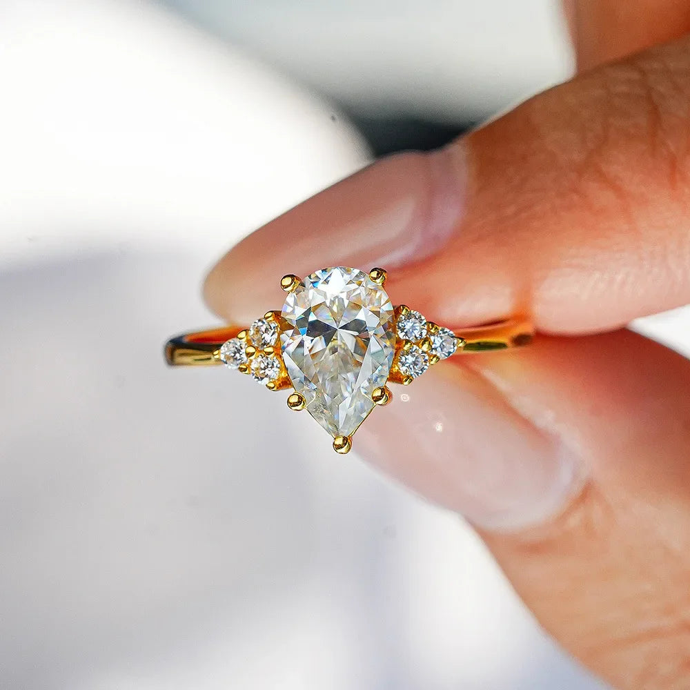 Luxury 100% Real 18k Gold Ring Women's Drop Diamond Ring with Ring Ring Pear-Shaped Moissanite Ring