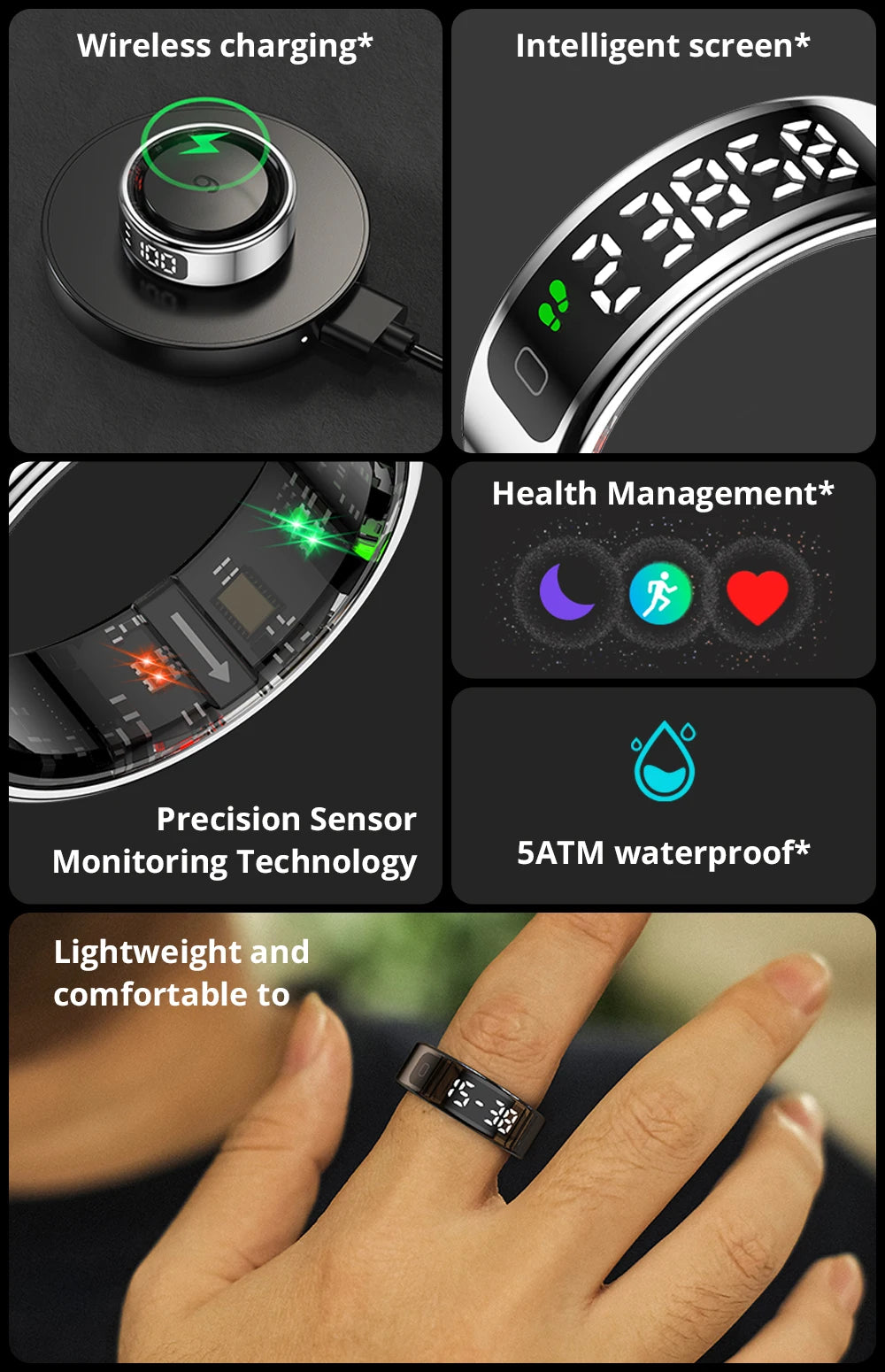 2025 COLMI R12 Smart Ring with Display Screen and Touch, Wireless Charging, Health Manager, 5 ATM Waterproof For Men Women
