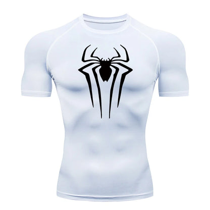Spider Print Compression Shirts for Men Summer Short Sleeve Rash Guard Gym Workout Tshirt Athletic Quick Dry Undershirts Tops