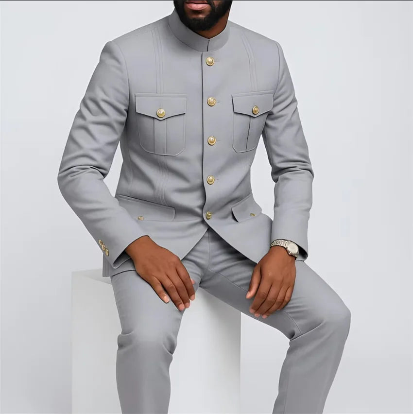 Stripe Safari Men's Suits with Stand Collar Single Breasted Slim Fit Male Fashion Daily Suit 2 Pieces Set Jacket Pants Outfits