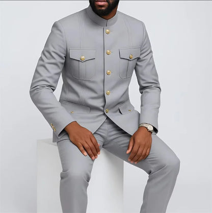 Stripe Safari Men's Suits with Stand Collar Single Breasted Slim Fit Male Fashion Daily Suit 2 Pieces Set Jacket Pants Outfits