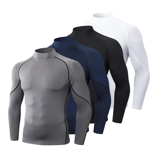 Men's High neck Long Sleeve Compression Shirts Cool Dry Sun Protection Sports Tights Undershirts Running Gym Tops