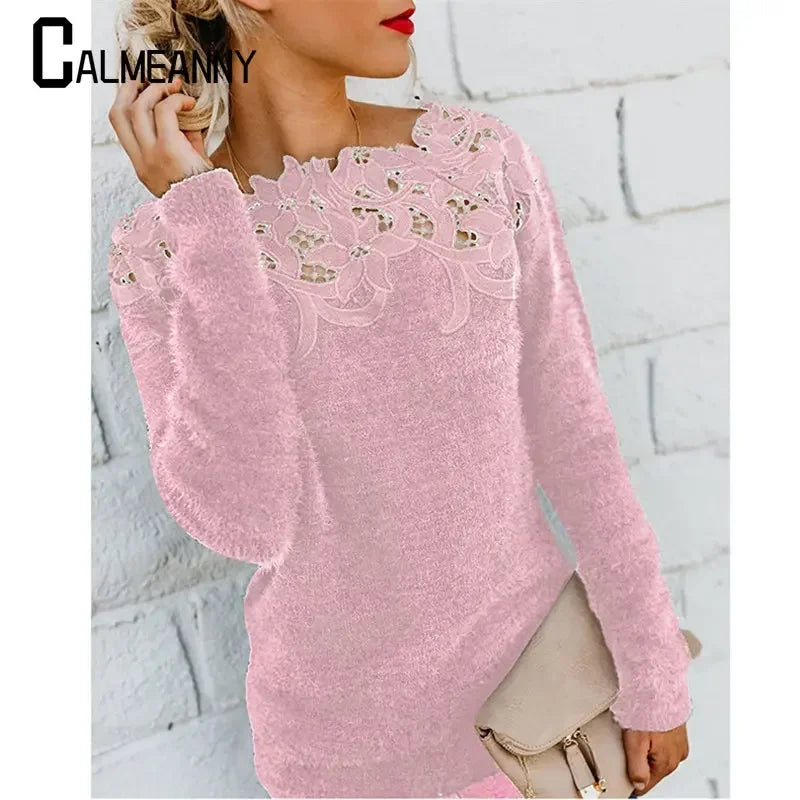 Autumn Winter Sweet Korean Fashion Casual Solid Pullover O-Neck Pullover Plush Warm Sweat Ladies Sweater Lace Women Knit Sweater