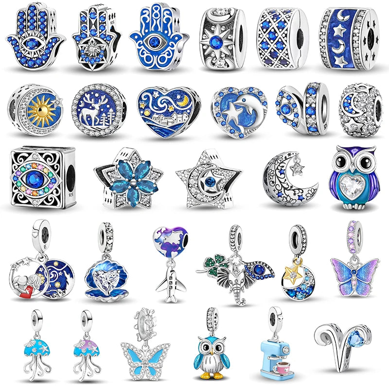 925 Sterling Silver Cute Butterfly Elephant Blue Series Charms Beads Fit Original Pan Bracelet Bangle High Quality DIY Jewelry