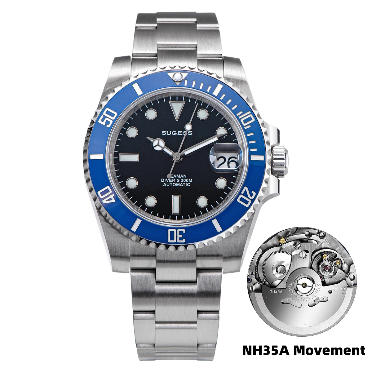 Sugess Watch of Men Diver NH35 Automatic Mechanical Wristwatch Date Sapphire Crystal Luminous Ceramic Bezel Waterproof 200M 2022