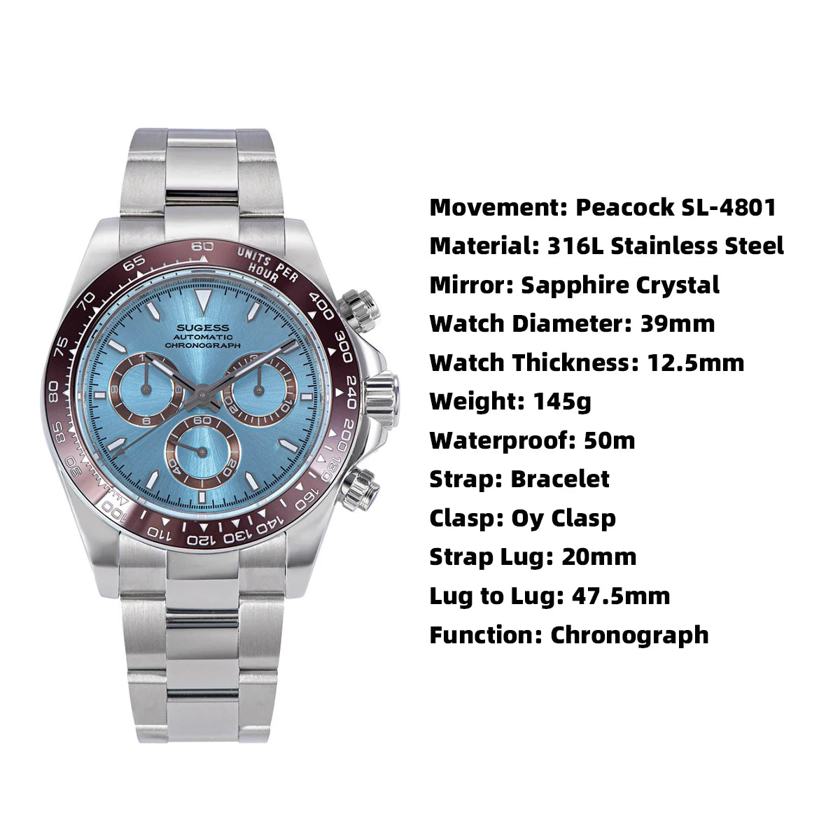 Sugess Diving Mens Watch Panda Automatic Mechanical Chronograph Peacock SL4801 Movement Wristwatch Waterproof Ceramic Bezel New