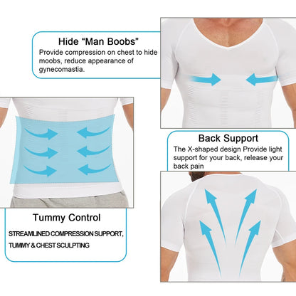 Mens Slimming Compression Shirt Body Shaper V-Neck Undershirt Shirts Workout Abs Abdomen Tummy Control Shapewear Tops