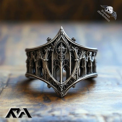 Retro Personality Ancient Silver color Hollowed-out Relief Crown Castle Rings for Women Men Halloween Fashion Gothic Jewelry