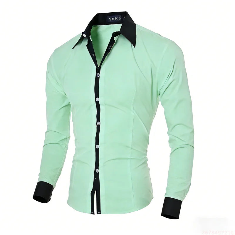 New men's black and white color-blocked spliced   shirt, outdoor street style, business casual long-sleeved lapel top for men.
