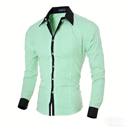 New men's black and white color-blocked spliced   shirt, outdoor street style, business casual long-sleeved lapel top for men.