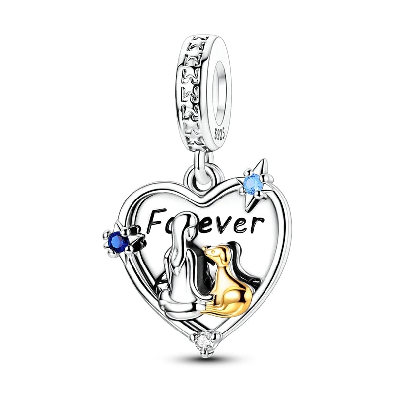 925 Silver Sparkling Cat Dog Charms Pendants Love Family Father Beads Fits Original Bracelet Gift for Women