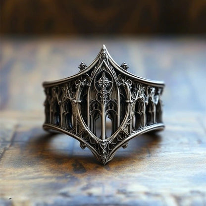 Retro Personality Ancient Silver color Hollowed-out Relief Crown Castle Rings for Women Men Halloween Fashion Gothic Jewelry