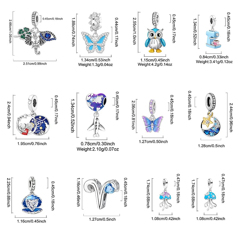 925 Sterling Silver Cute Butterfly Elephant Blue Series Charms Beads Fit Original Pan Bracelet Bangle High Quality DIY Jewelry