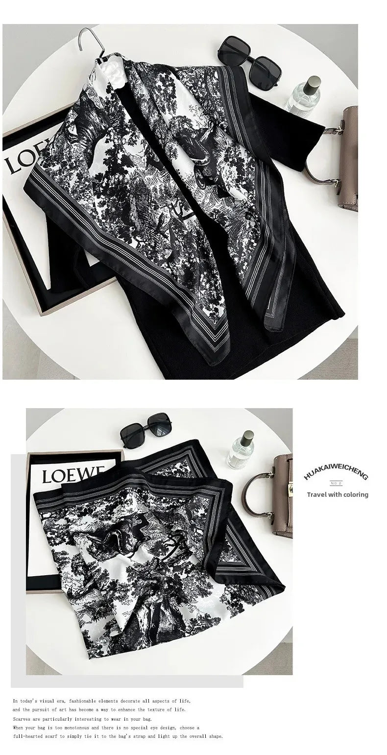 Autumn/Winter Cerulean Blue Green High-End Feel Silk Twill Scarf Women's Versatile Luxury Brand Printing Old Flower Design