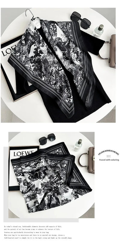 Autumn/Winter Cerulean Blue Green High-End Feel Silk Twill Scarf Women's Versatile Luxury Brand Printing Old Flower Design