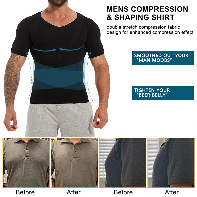 Mens Slimming Compression Shirt Body Shaper V-Neck Undershirt Shirts Workout Abs Abdomen Tummy Control Shapewear Tops