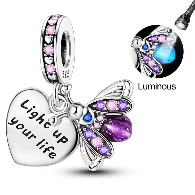 Hot Sales 925 Sterling Silver Luminous Firefly Light Bulb Star Moon Chameleon Charms Pendant Fit Original Bracelets DIY Jewelry