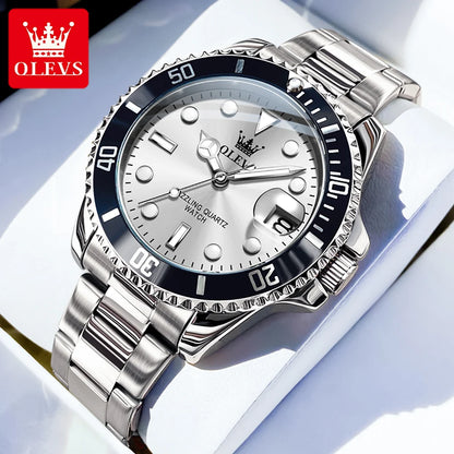 OLEVS 5885 Men's Watches Business Stainless Steel Strap Green Quartz Watch Waterproof Calendar Luminous High Quality Wristwatch