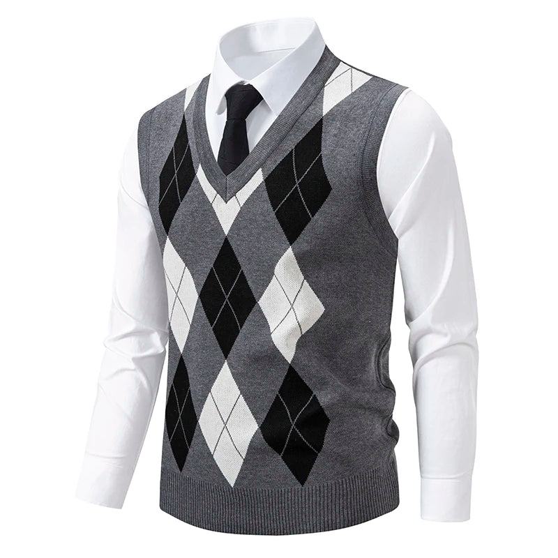 Men's Knit Vest Fashion Sweater Vest Argyle Pattern Waistcoat Fleece Lined Warm Vests