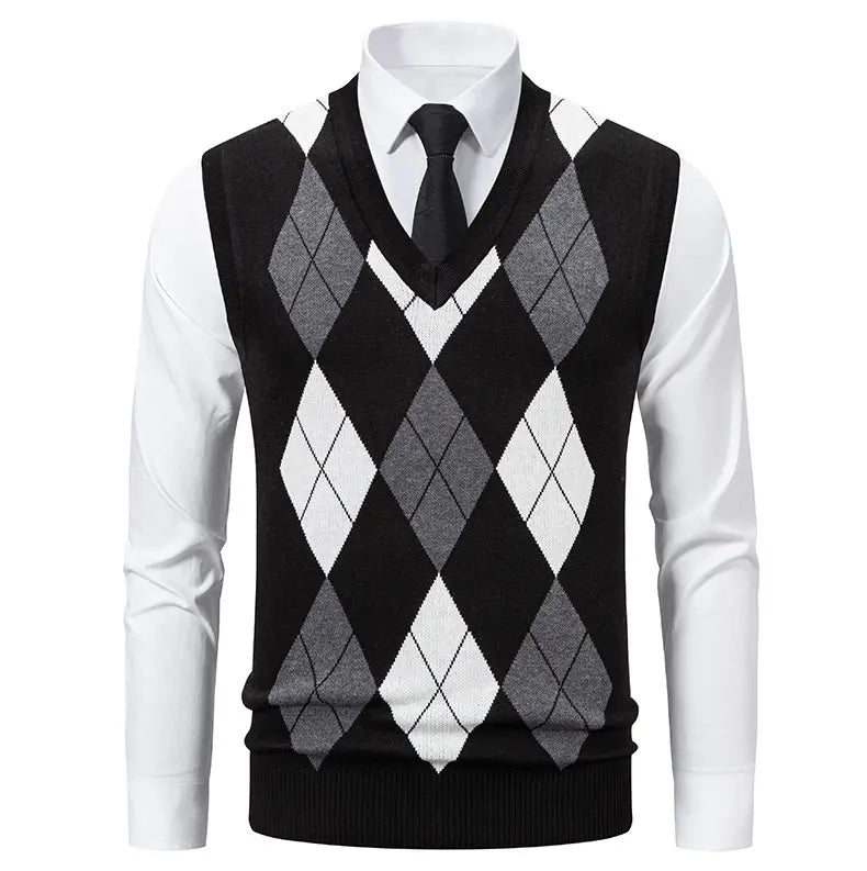 Men's Knit Vest Fashion Sweater Vest Argyle Pattern Waistcoat Fleece Lined Warm Vests