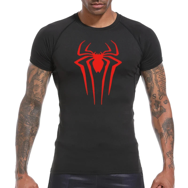 Spider Print Compression Shirts for Men Summer Short Sleeve Rash Guard Gym Workout Tshirt Athletic Quick Dry Undershirts Tops