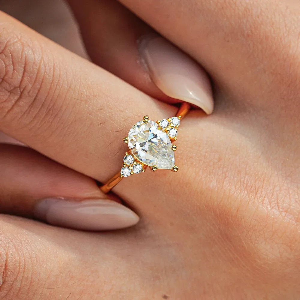 Luxury 100% Real 18k Gold Ring Women's Drop Diamond Ring with Ring Ring Pear-Shaped Moissanite Ring