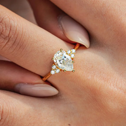 Luxury 100% Real 18k Gold Ring Women's Drop Diamond Ring with Ring Ring Pear-Shaped Moissanite Ring