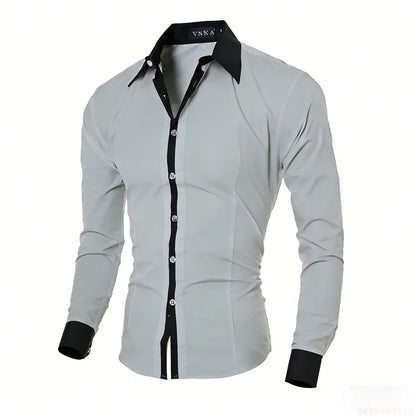 New men's black and white color-blocked spliced   shirt, outdoor street style, business casual long-sleeved lapel top for men.