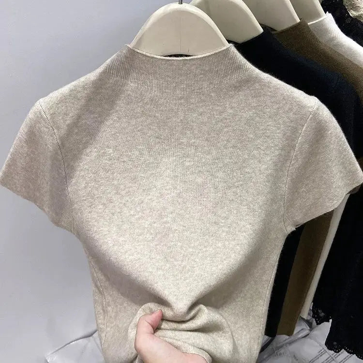 2026 Basic Turtleneck Solid Thin Summer Pullover Women Female Knitted Sweater Slim Short Sleeve Bodycon Sweater