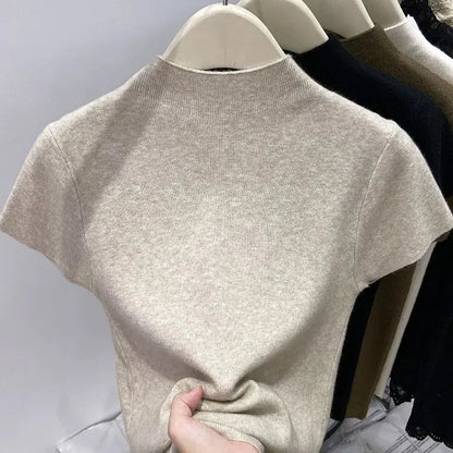 2026 Basic Turtleneck Solid Thin Summer Pullover Women Female Knitted Sweater Slim Short Sleeve Bodycon Sweater