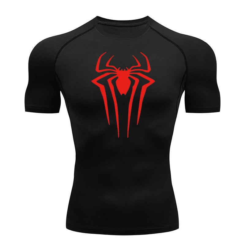 Spider Print Compression Shirts for Men Summer Short Sleeve Rash Guard Gym Workout Tshirt Athletic Quick Dry Undershirts Tops